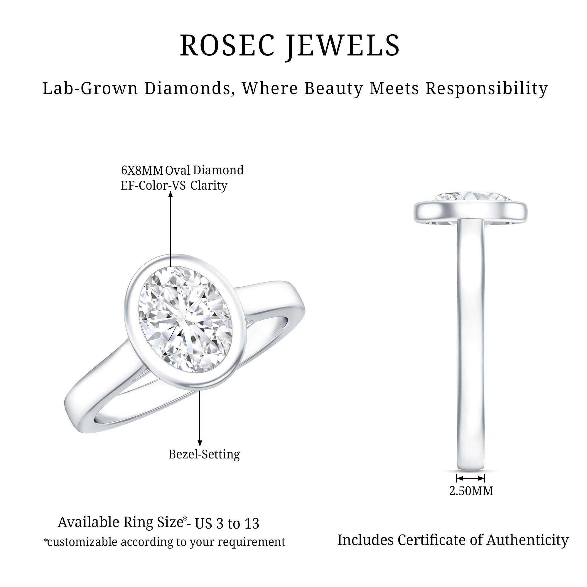 Certified 6X8 MM Lab Grown Diamond Bezel Set Engagement Ring Lab - ( EF-VS ) - Rosec Jewels