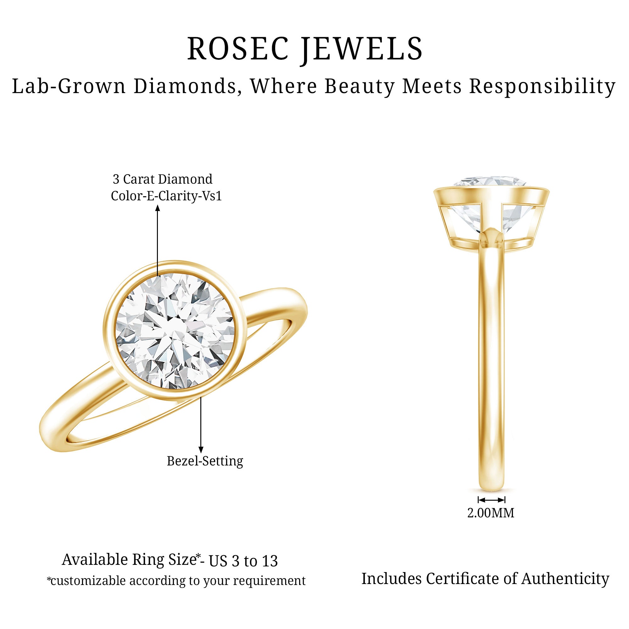 Round Lab Grown Diamond Classic Engagement Ring with IGI Certificate Lab - ( E-VS1 ) - Rosec Jewels