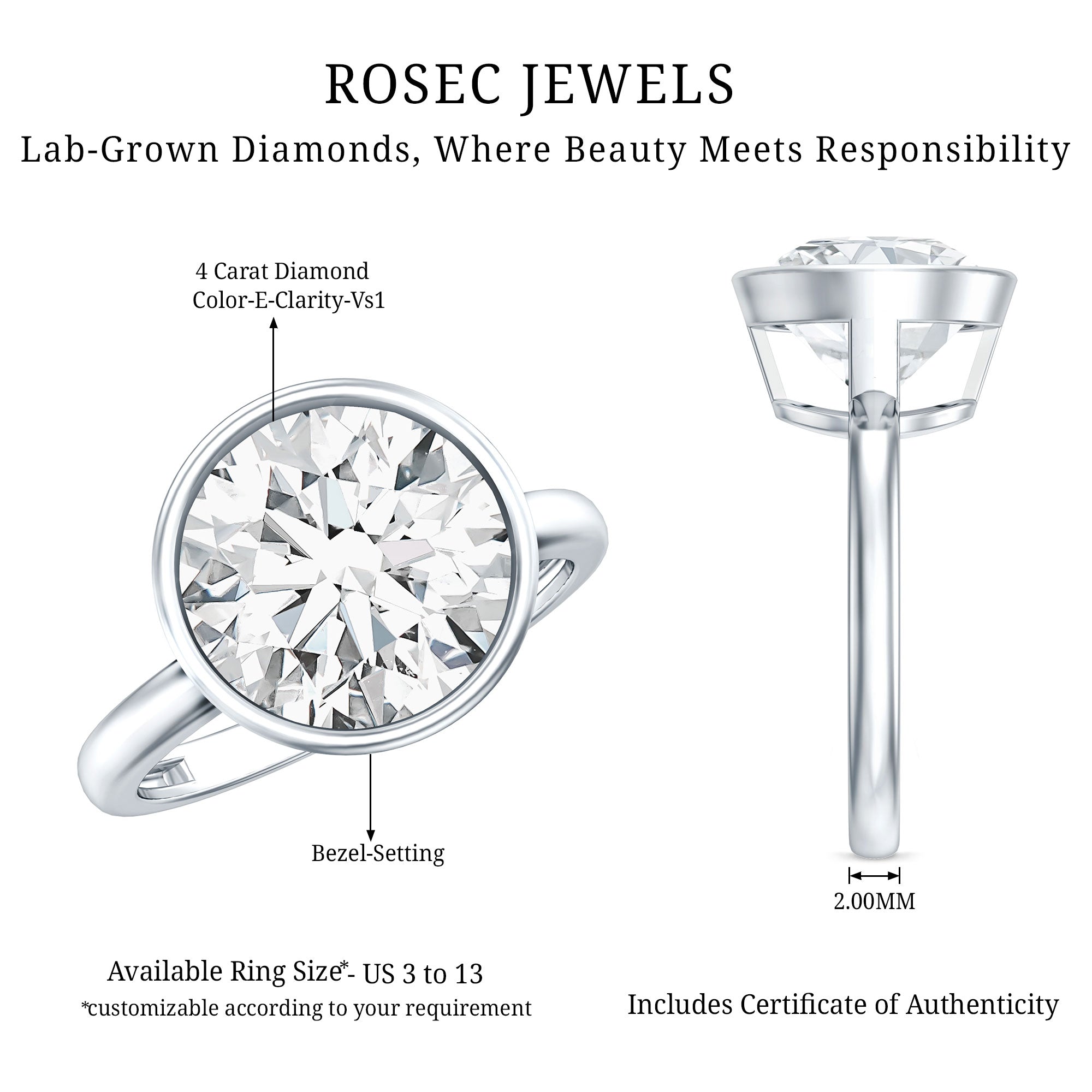 IGI Certified 4 CT Lab Grown Diamond Engagement Ring in Bezel Setting Lab - ( E-VS1 ) - Rosec Jewels