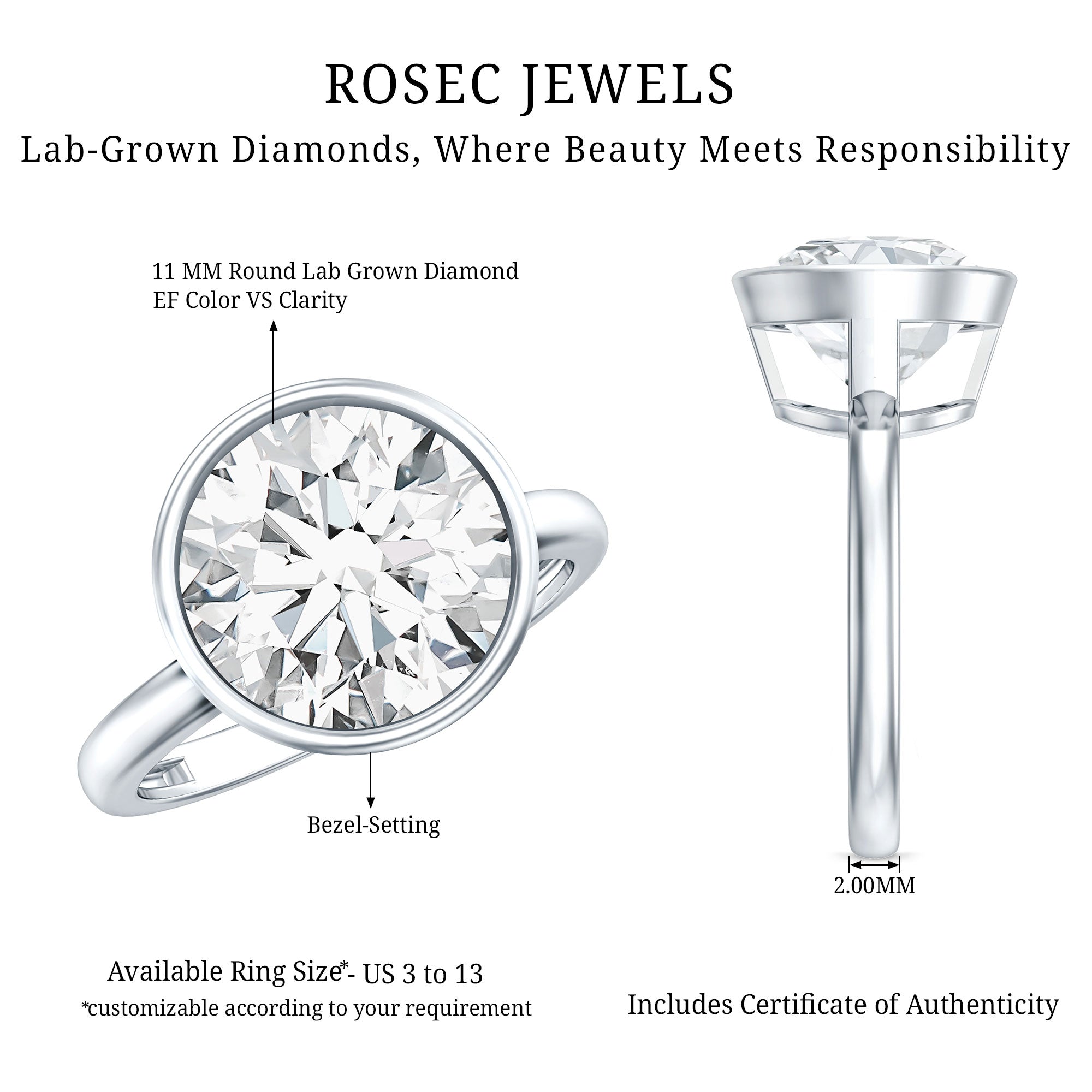 Rosec Jewels-IGI Certified 5 Carat Lab Grown Diamond Bezel Set Engagement Ring