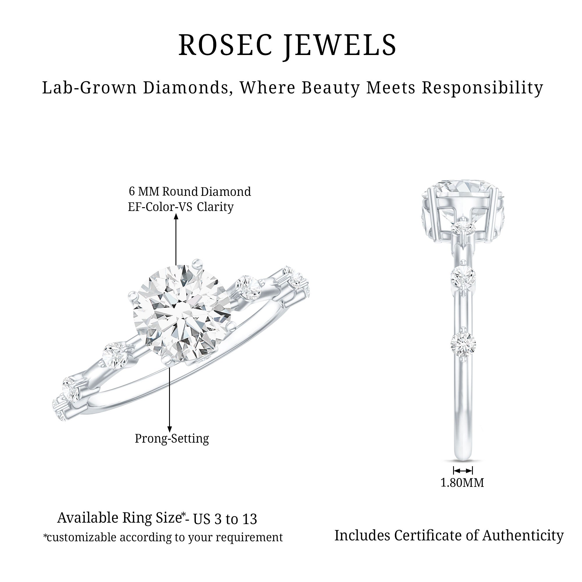 Rosec Jewels-IGI Certified 1 Carat Lab Created Diamond Engagement Ring