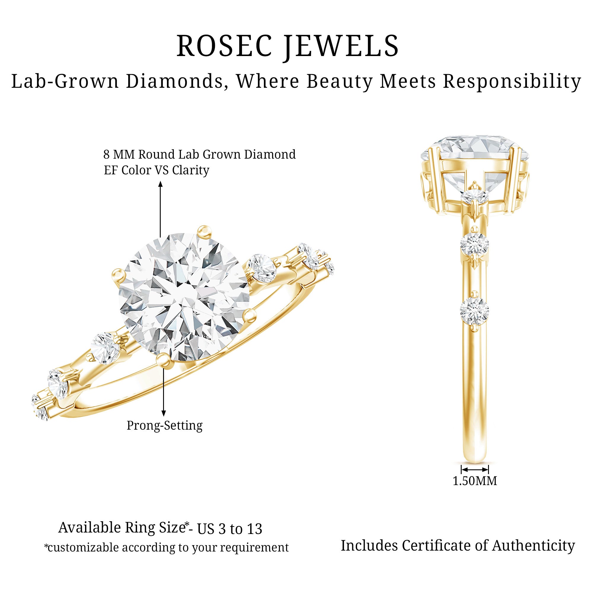 Rosec Jewels-IGI Certified Lab Grown 2 CT Diamond Engagement Ring with Side Stone