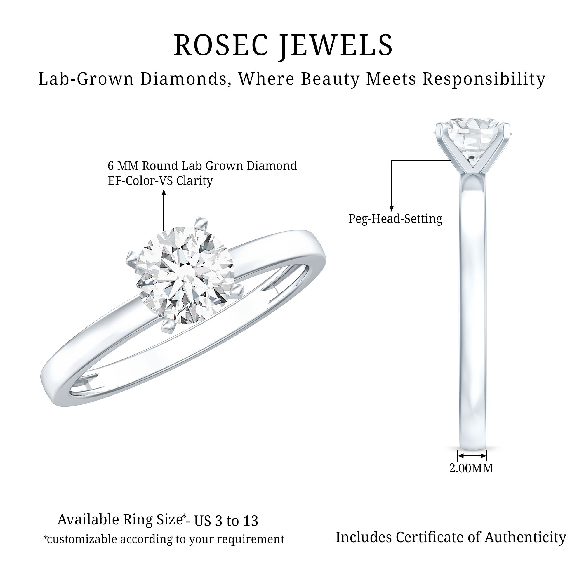 Rosec Jewels-Peg Head Set 1 Carat Lab Grown Diamond Solitaire Ring with IGI Certificate
