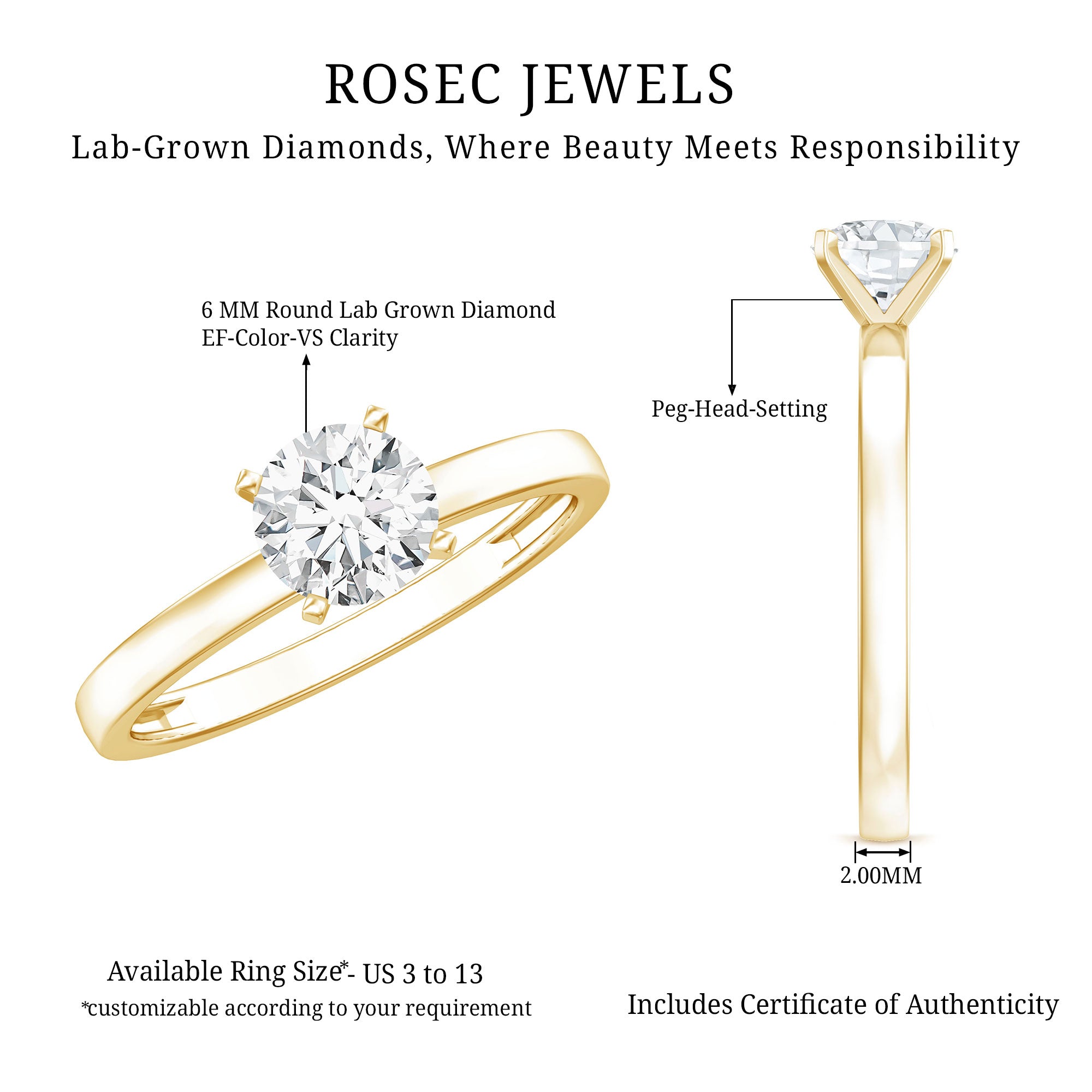 Rosec Jewels-Peg Head Set 1 Carat Lab Grown Diamond Solitaire Ring with IGI Certificate
