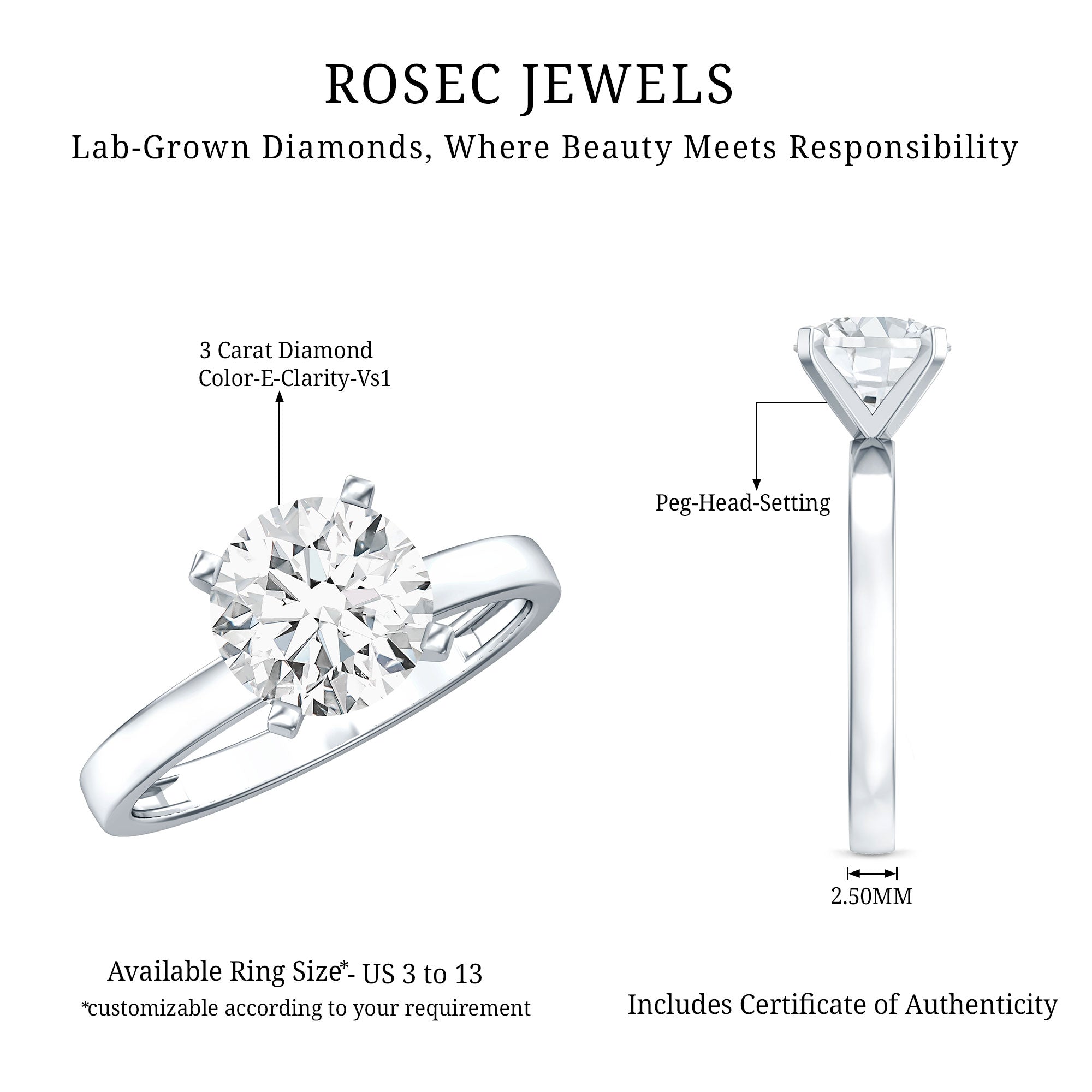 IGI Certified 3 CT Round Lab Grown Diamond Solitaire Engagement Ring Lab - ( E-VS1 ) - Rosec Jewels