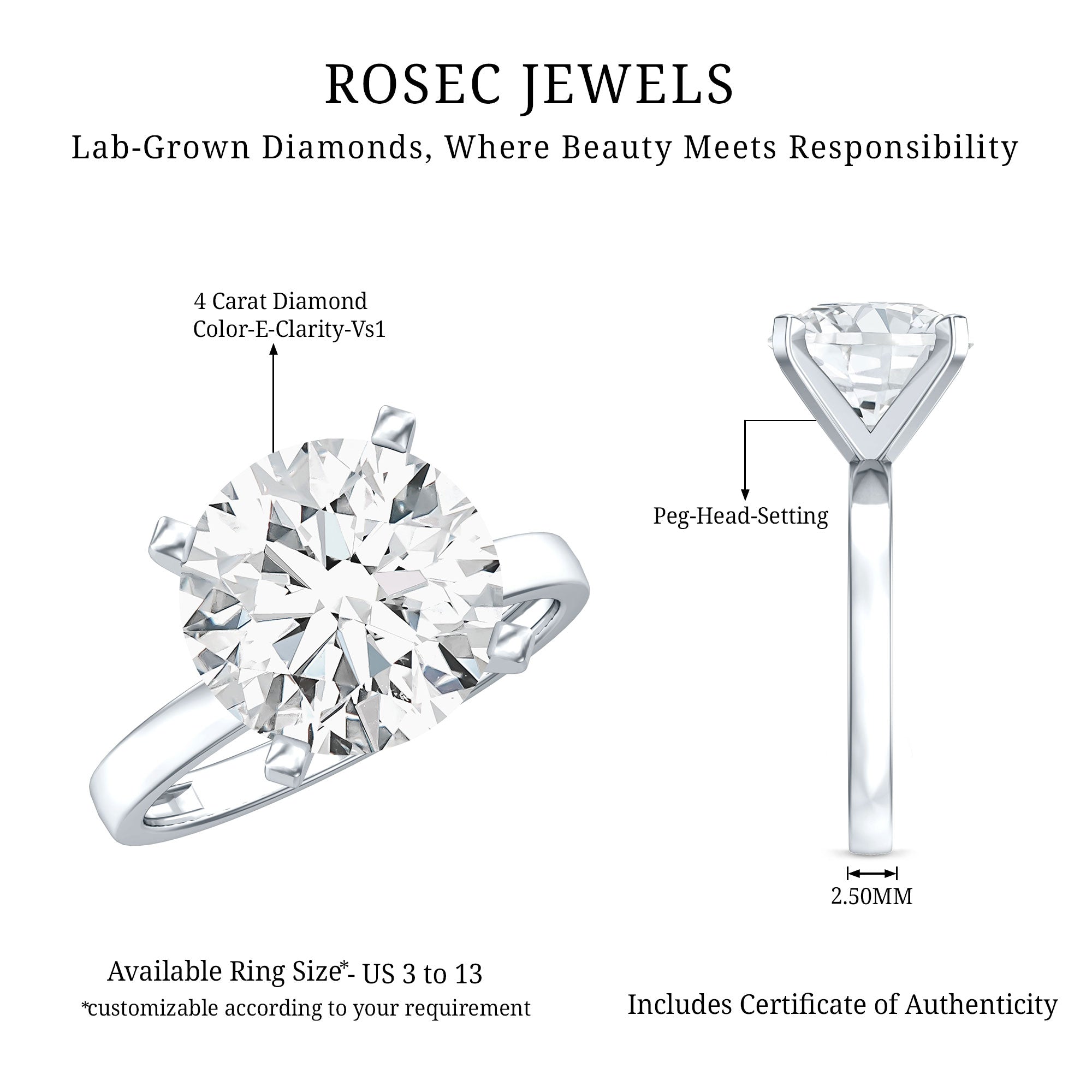 4 CT IGI Certified Lab Diamond Timeless Engagement Ring Lab - ( E-VS1 ) - Rosec Jewels