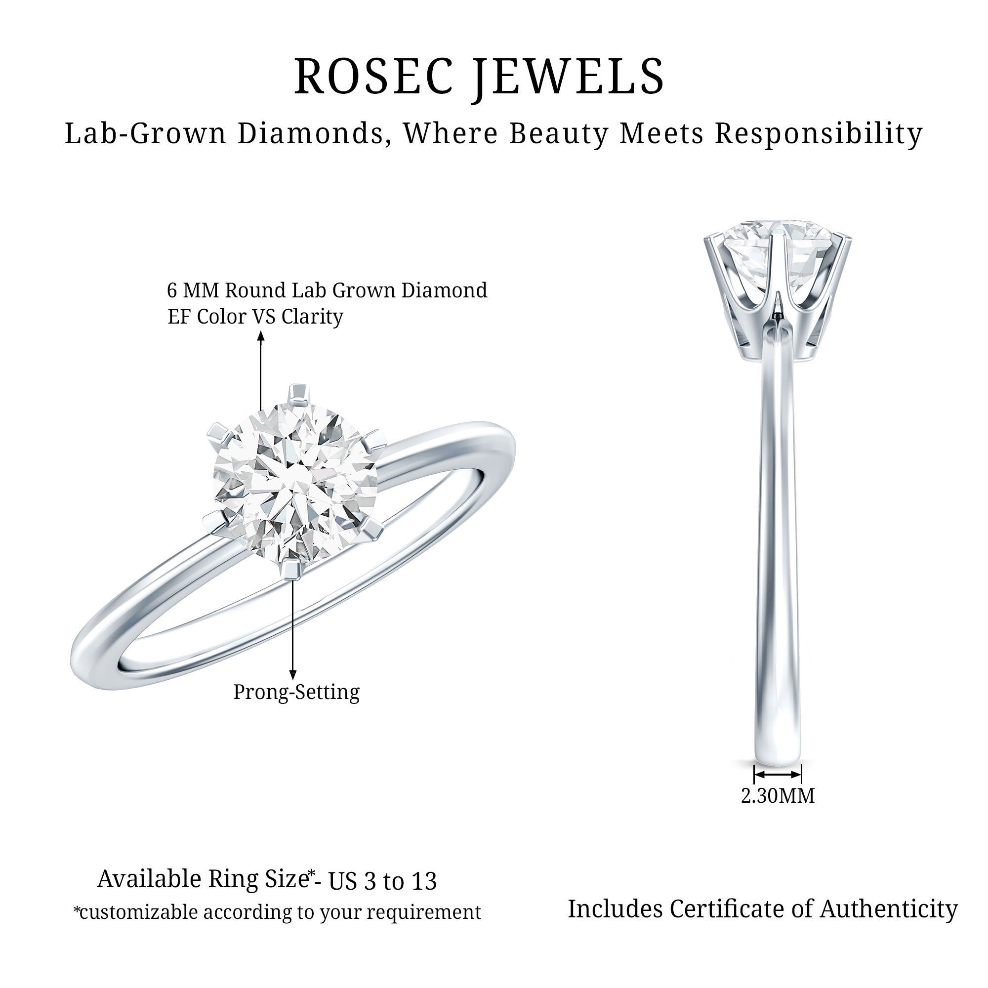 Rosec Jewels-1 Carat Lab Grown Diamond Solitaire Engagement Ring with IGI Certificate
