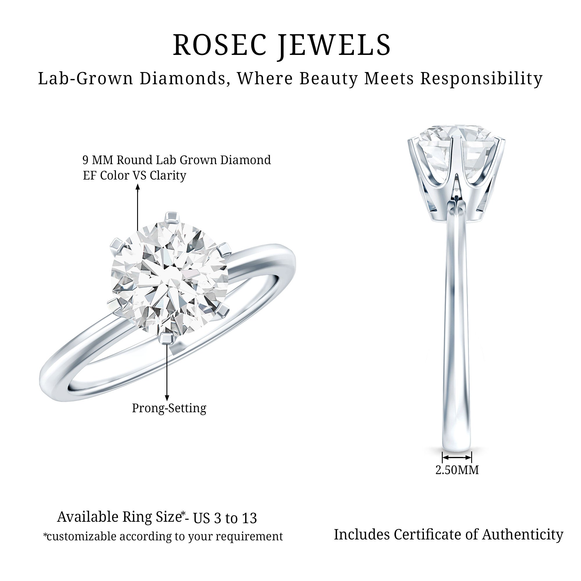 Rosec Jewels-3 Carat IGI Certified Lab Grown Diamond Round Engagement Ring