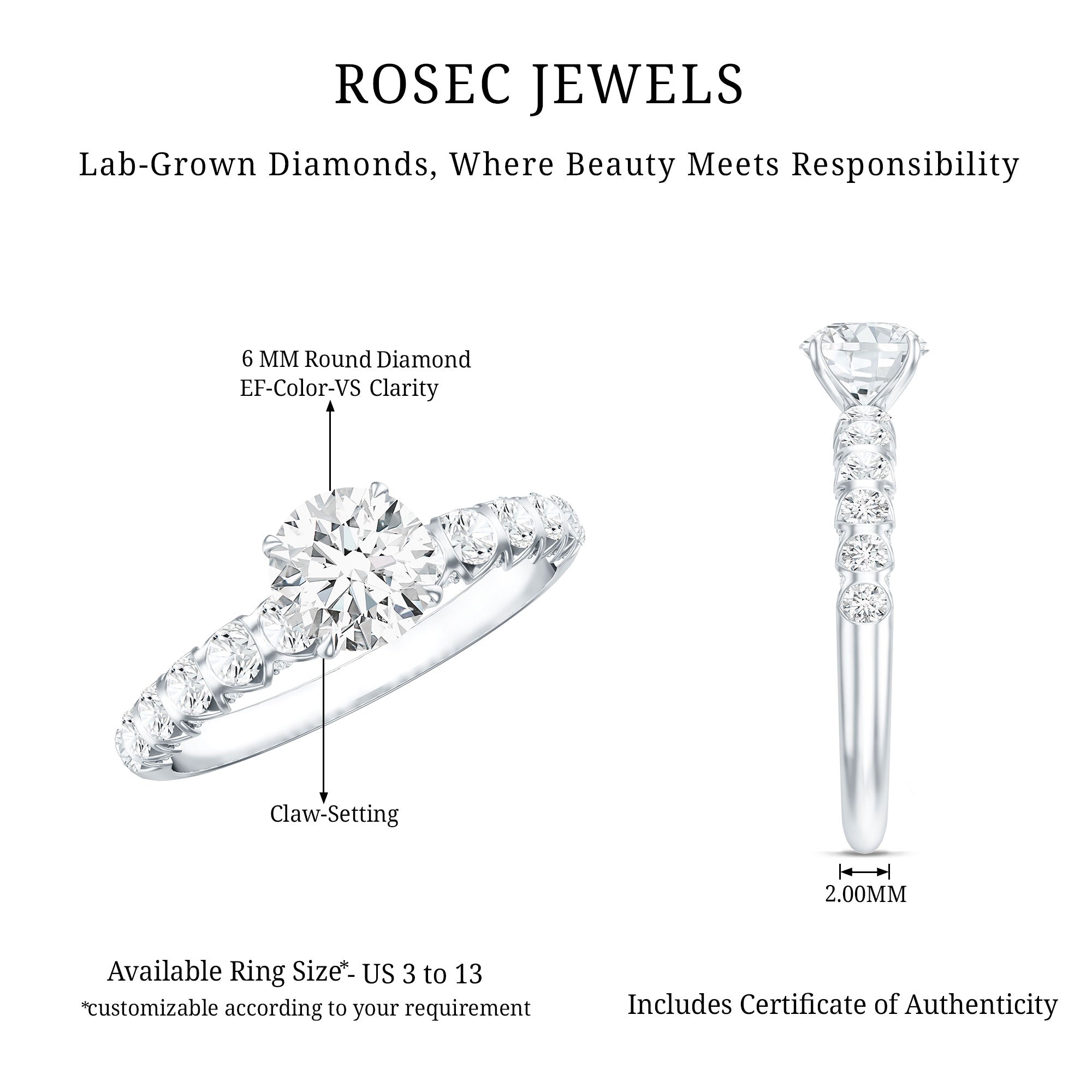 IGI Certified Round Lab Grown Diamond Side Stone Engagement Ring Lab - ( E-VS1 ) - Rosec Jewels