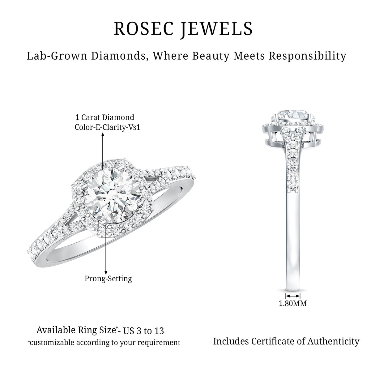 IGI Certified 1 Carat Lab Grown Diamond Halo Engagement Ring for Women Lab - ( E-VS1 ) - Rosec Jewels