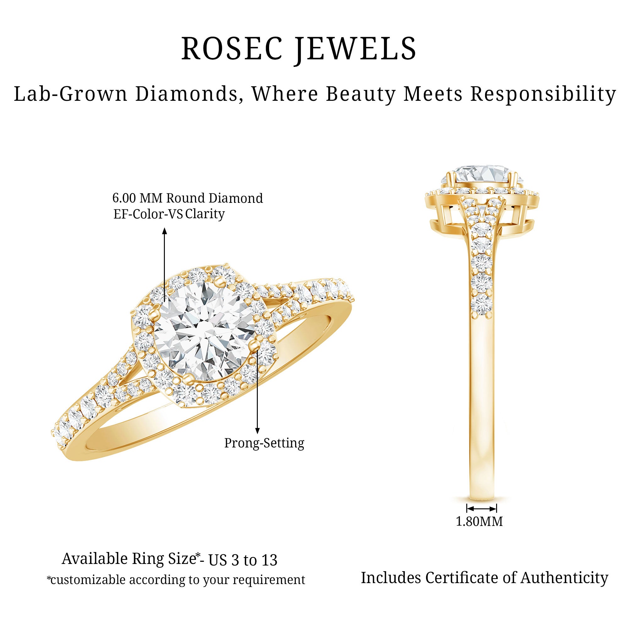 Rosec Jewels-IGI Certified 1 Carat Lab Grown Diamond Halo Engagement Ring for Women