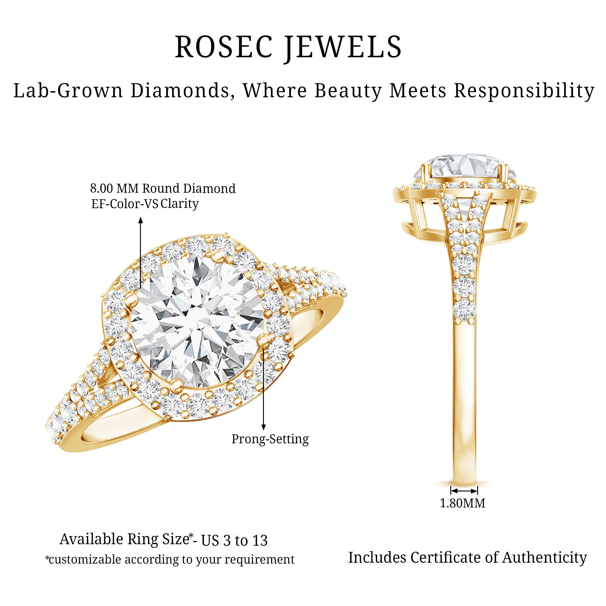 Rosec Jewels-IGI Certified 2 Carat Round Lab Grown Diamond Statement Engagement Ring