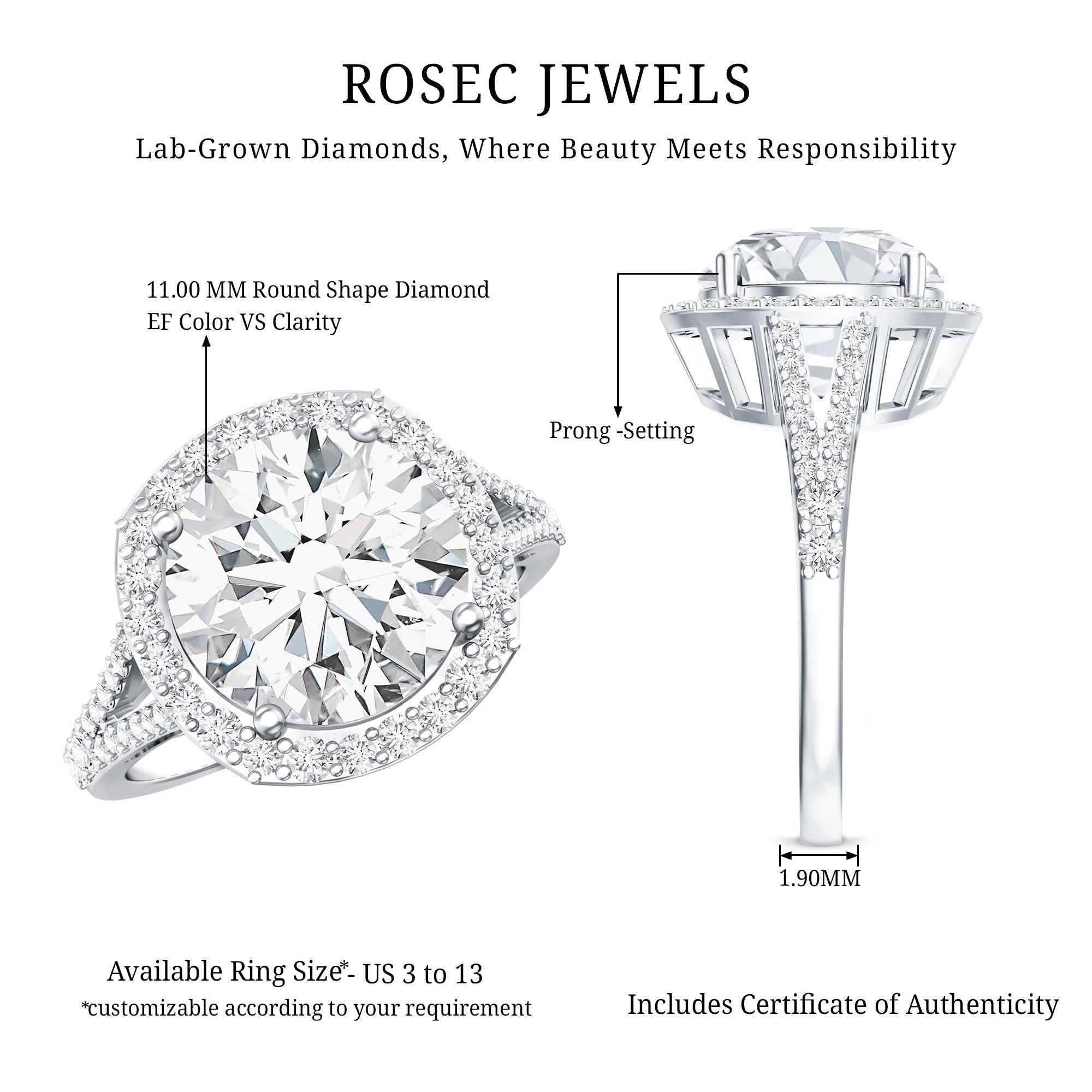 Rosec Jewels-5 Carat Lab Grown Big Diamond Engagement Ring with IGI Certificate