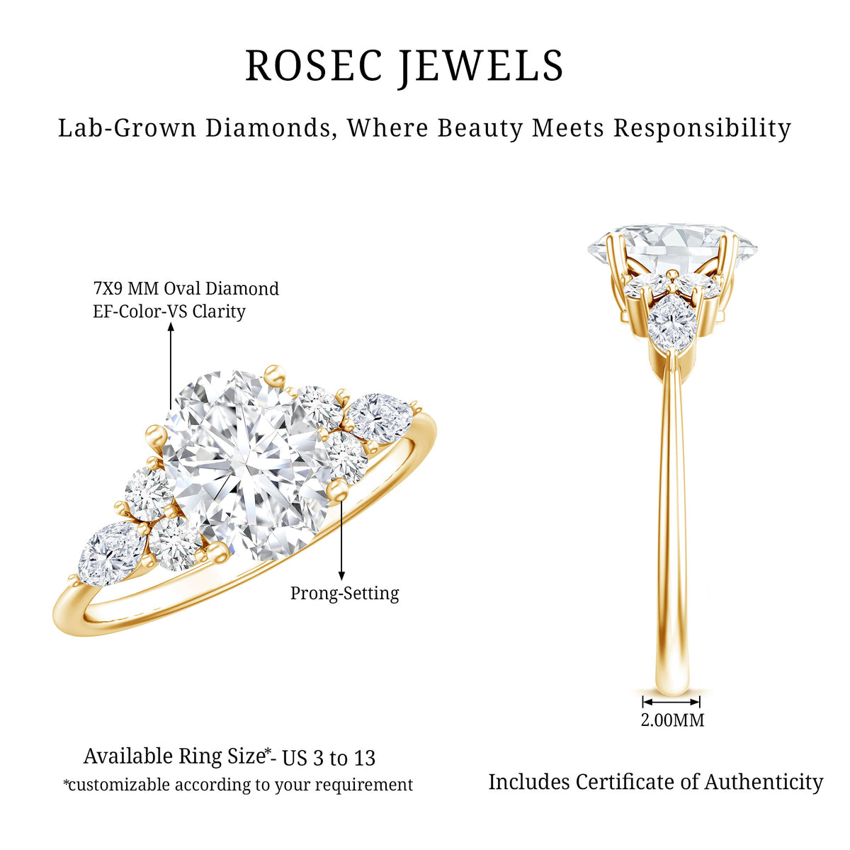IGI Certified 2 Carat Lab Grown Diamond Oval Engagement Ring with Trio Lab - ( E-VS1 ) - Rosec Jewels