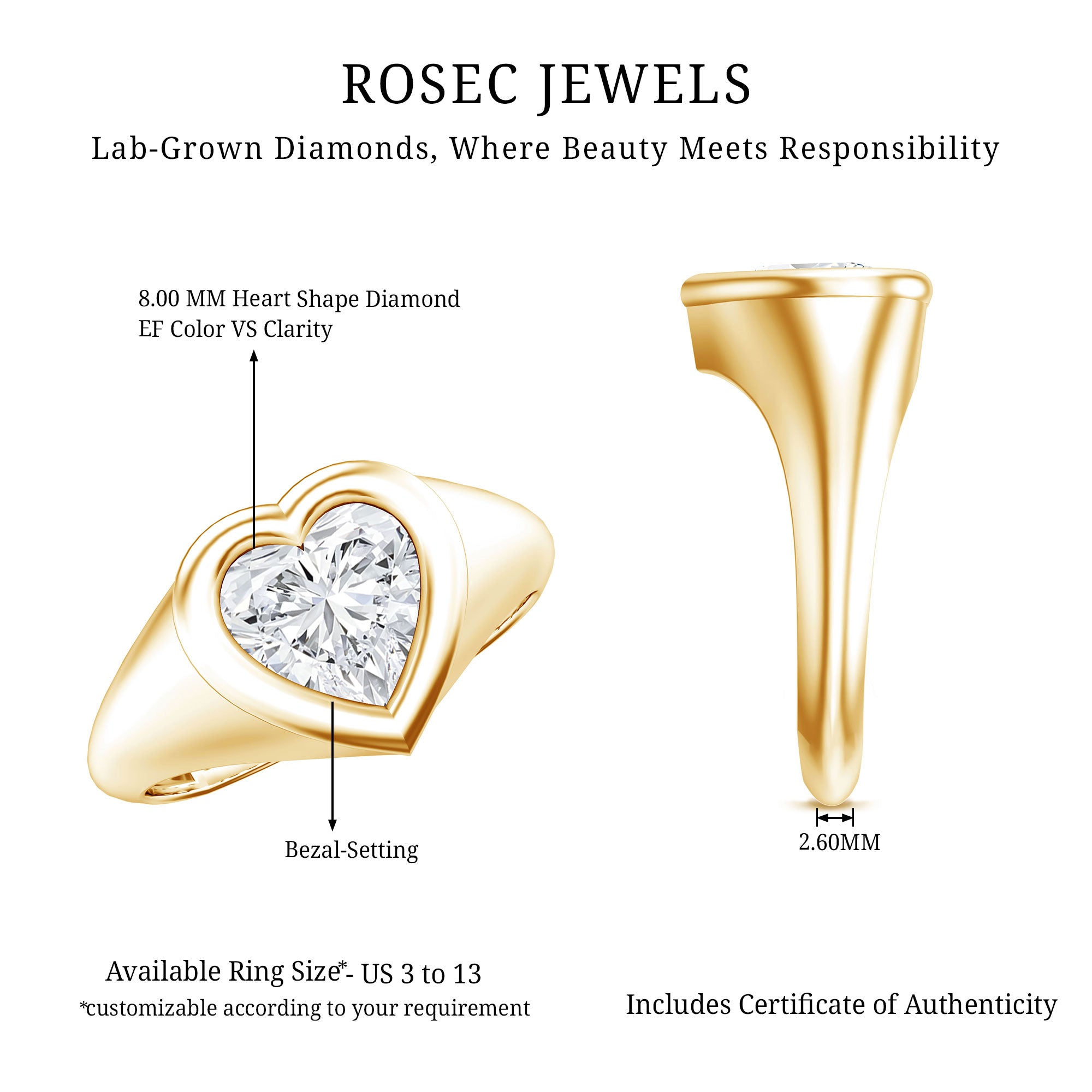 2 Carat Heart Shape Lab Grown Diamond Signet Engagement Ring Lab - ( EF-VS ) - Rosec Jewels