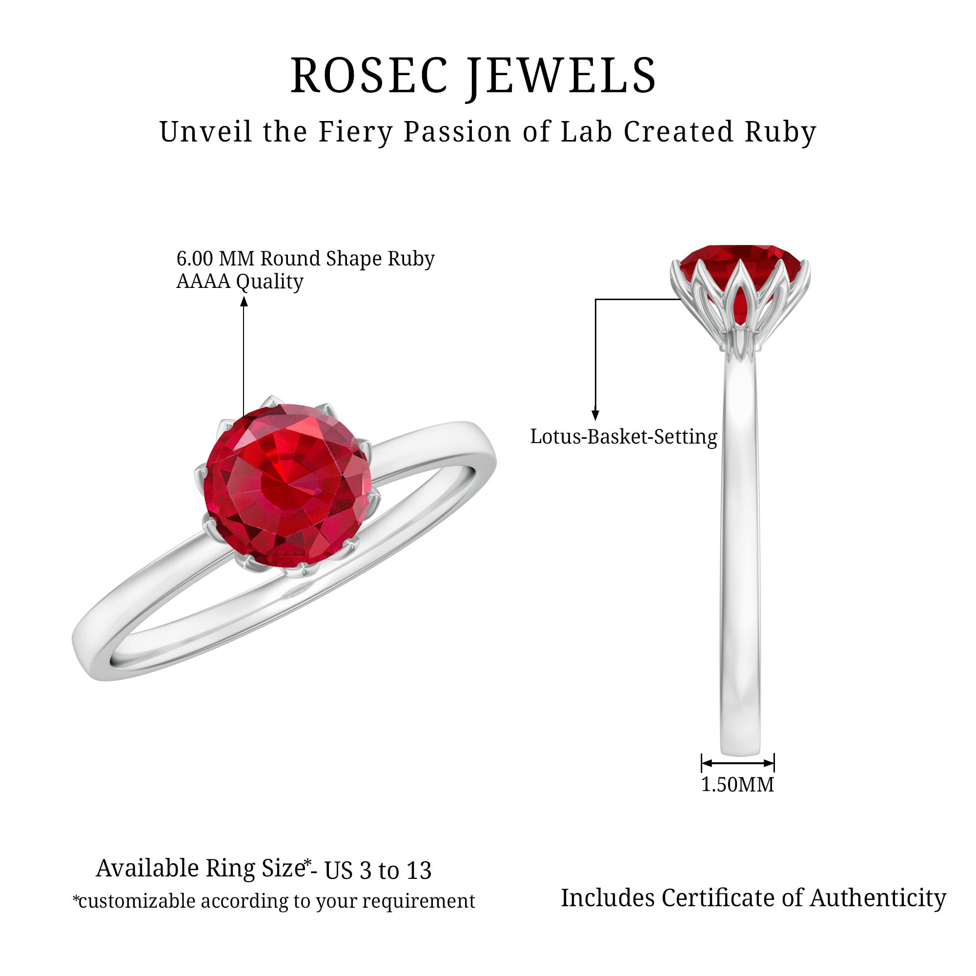 Certified 1.3 Carat Lab Grown Ruby Engagement Ring in Lotus Basket Setting AAAA - Rosec Jewels