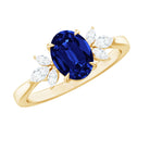 Certified 1.5 Carat Lab Grown Blue Sapphire Oval Engagement Ring with Diamond Trio AAAA - Rosec Jewels