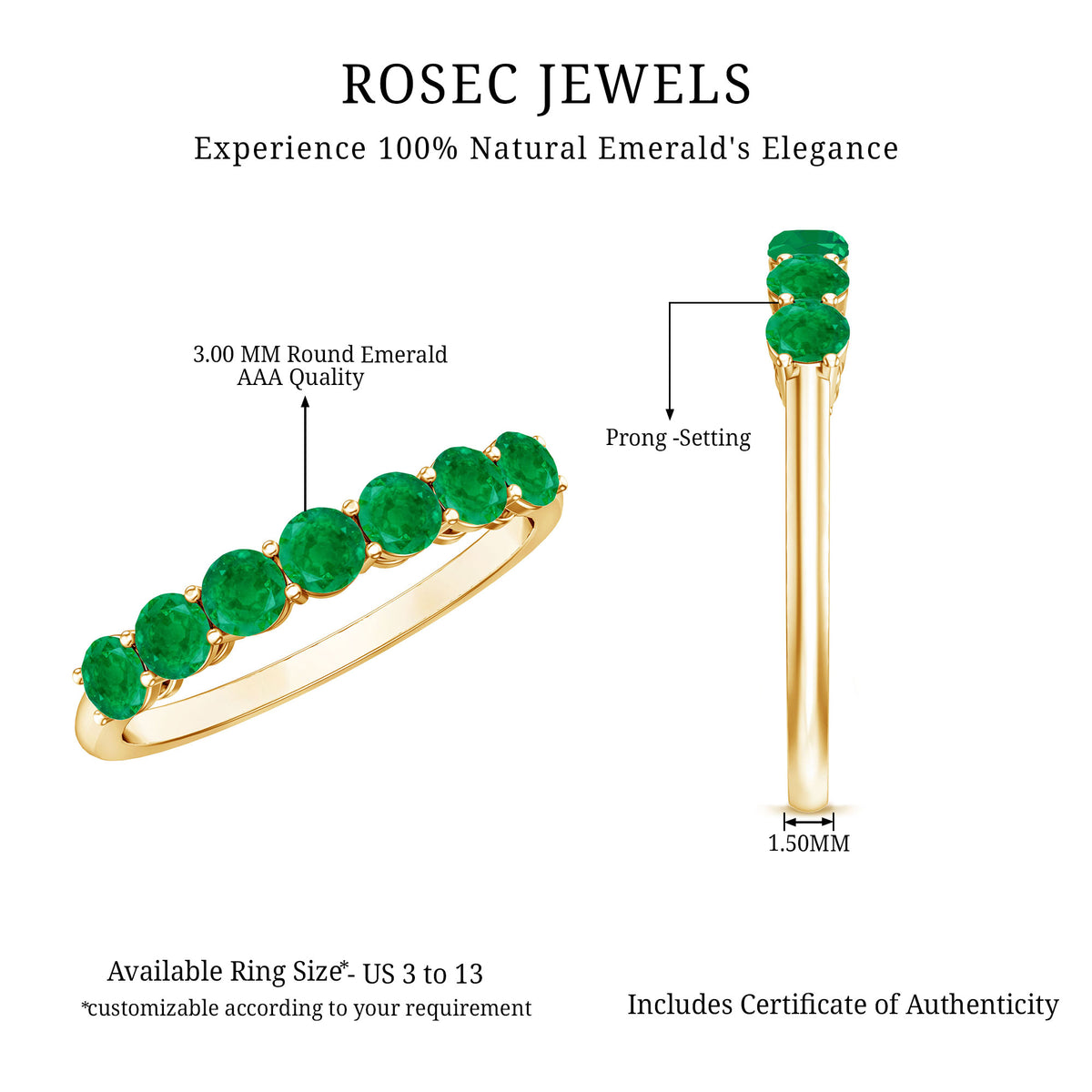 Certified 7 Stone Emerald Half Eternity Band for Women AAA - Rosec Jewels