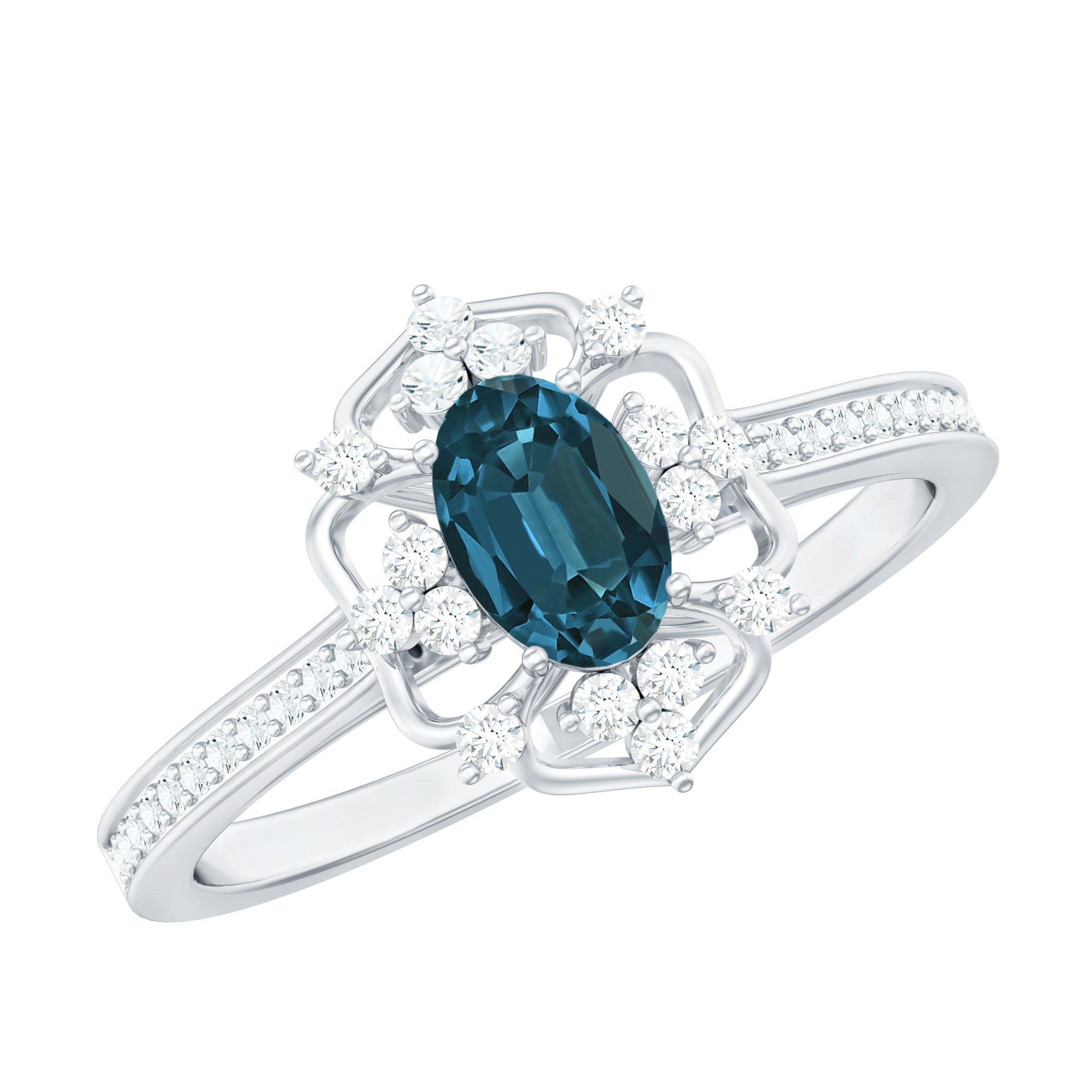 4X6mm Oval Cut London Blue Topaz Vintage Engagement Ring with Diamond AAA - Rosec Jewels