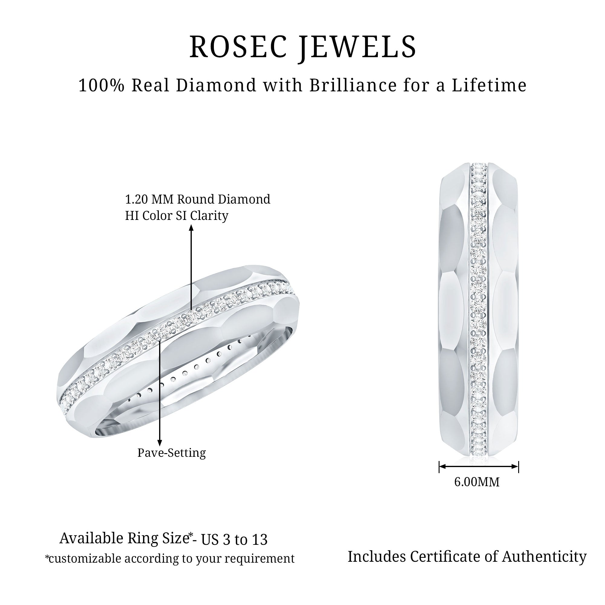 Natural Diamond Wide Eternity Band Ring with Textured Natural - ( HI-SI ) - Rosec Jewels
