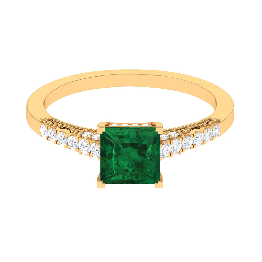 Princess Cut Emerald Milgrain Band Ring with Diamond Side Stones Lab Created Emerald - ( AAAA ) - Quality - Rosec Jewels