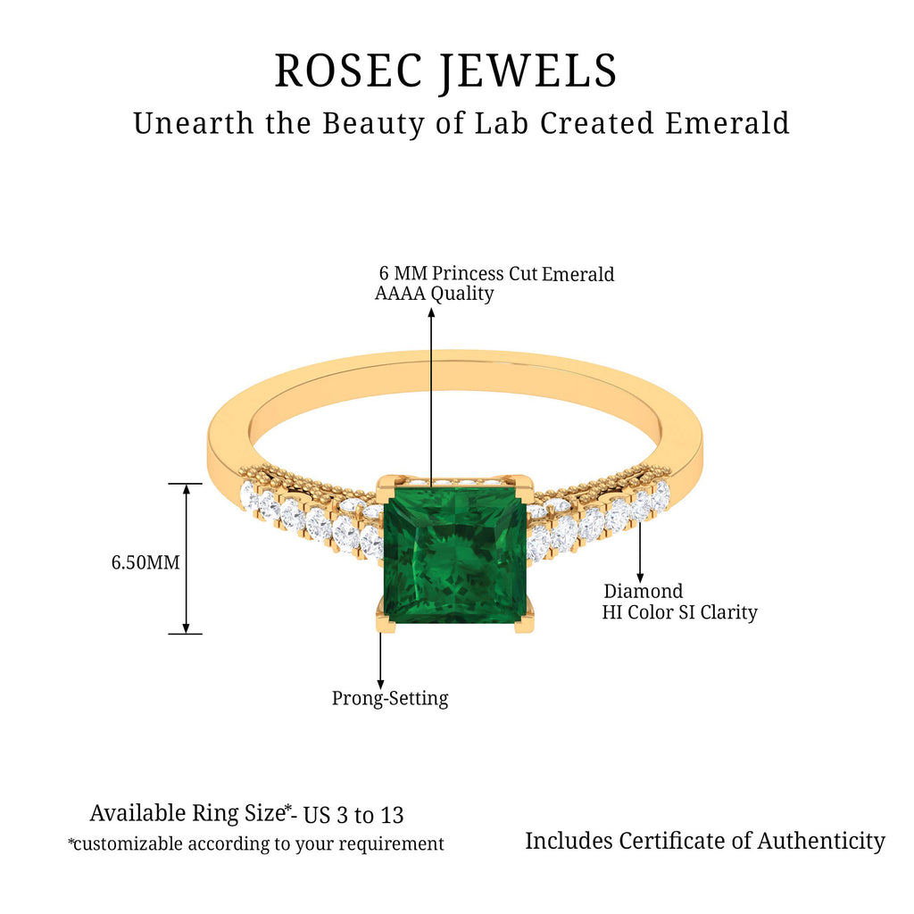 Princess Cut Emerald Milgrain Band Ring with Diamond Side Stones Lab Created Emerald - ( AAAA ) - Quality - Rosec Jewels