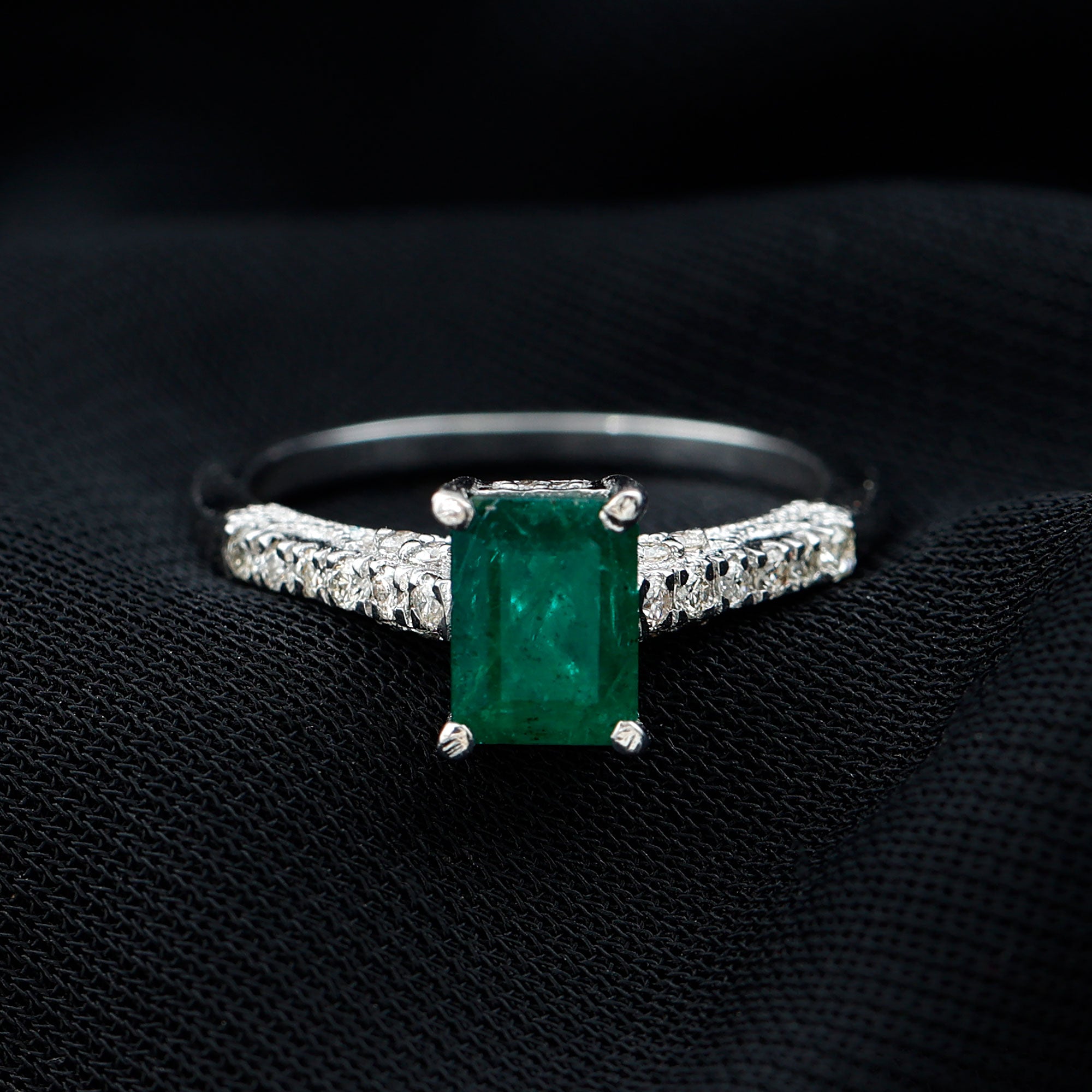 Rosec Jewels-Vintage Inspired 5X7MM Emerald Cut Emerald Engagement Ring with Diamonds