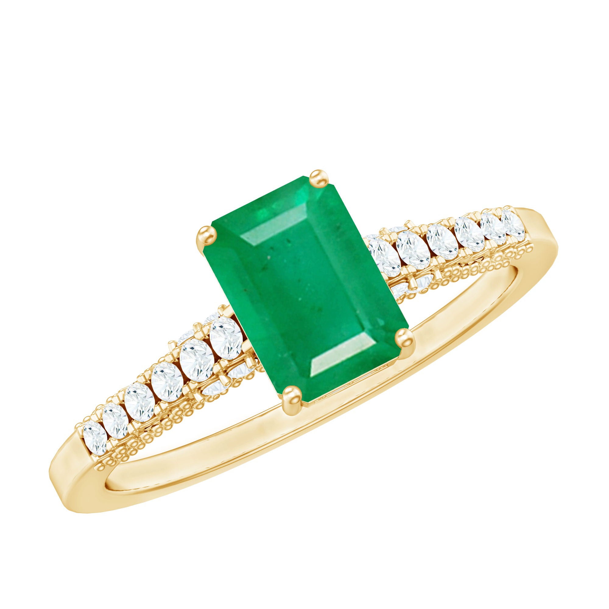 Rosec Jewels-Vintage Inspired 5X7MM Emerald Cut Emerald Engagement Ring with Diamonds