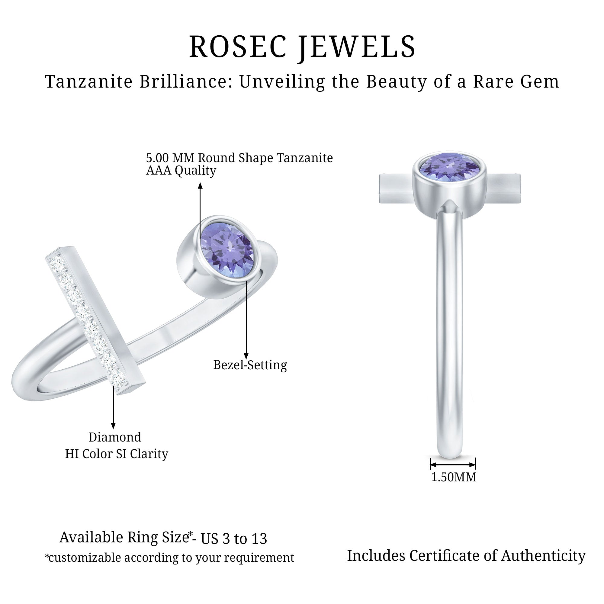 Contemporary Tanzanite Diamond Ring in Cuff Style AAA - Rosec Jewels
