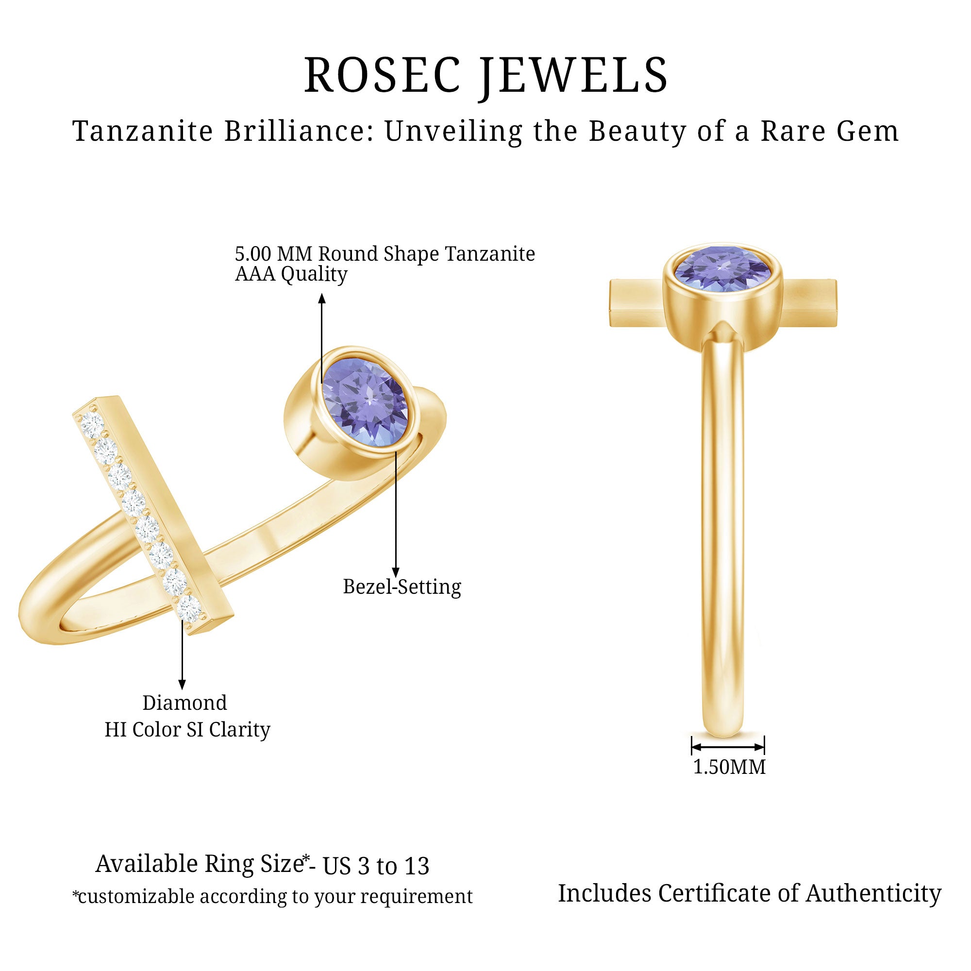 Contemporary Tanzanite Diamond Ring in Cuff Style AAA - Rosec Jewels