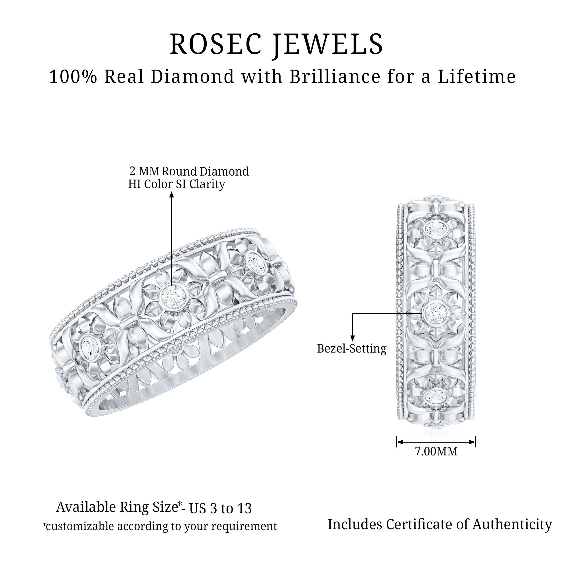 Bezel Set Diamond Flower Filigree Wedding Band Natural - ( HI-SI ) - Rosec Jewels