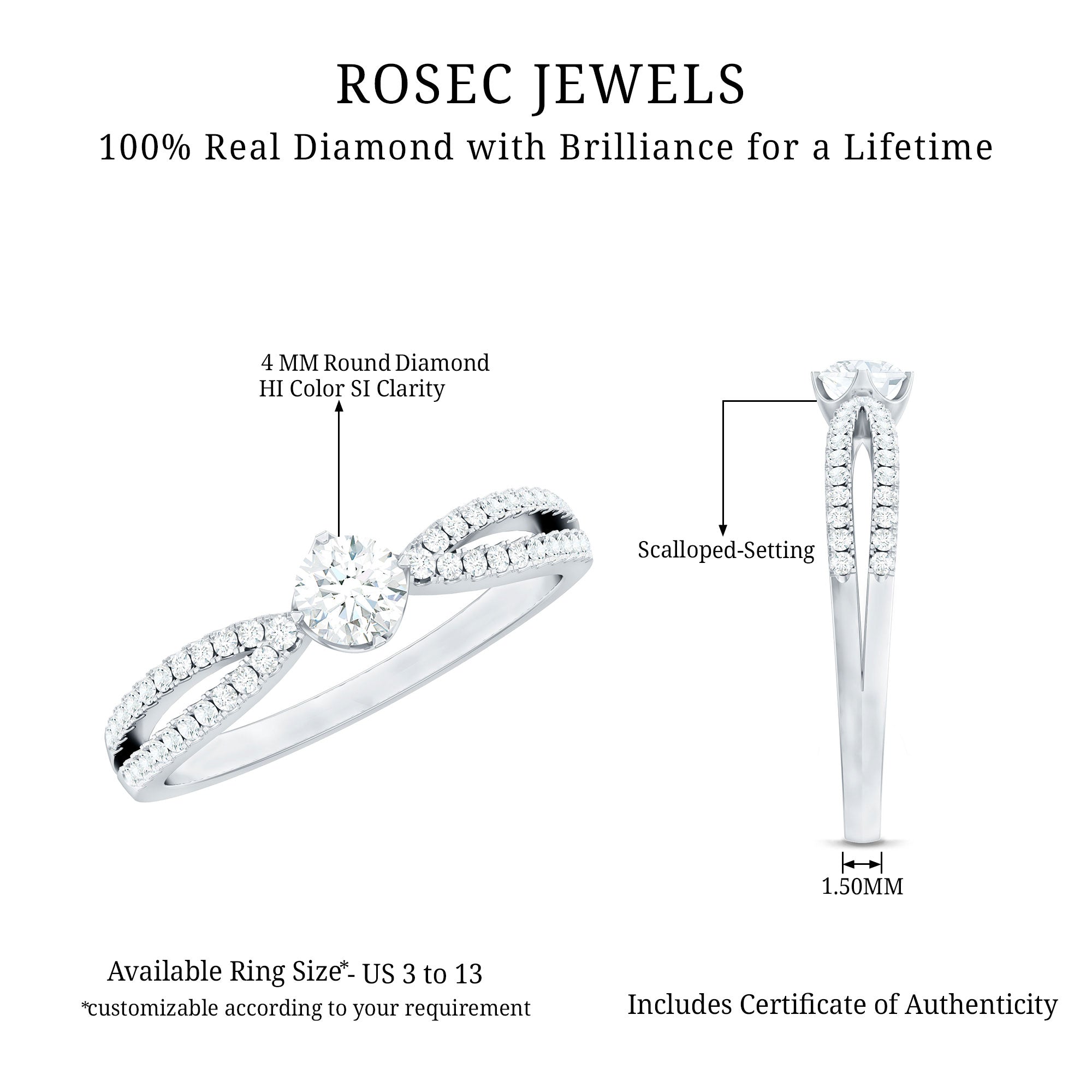 Diamond Solitaire Engagement Ring With Split Shank Natural - ( HI-SI ) - Rosec Jewels