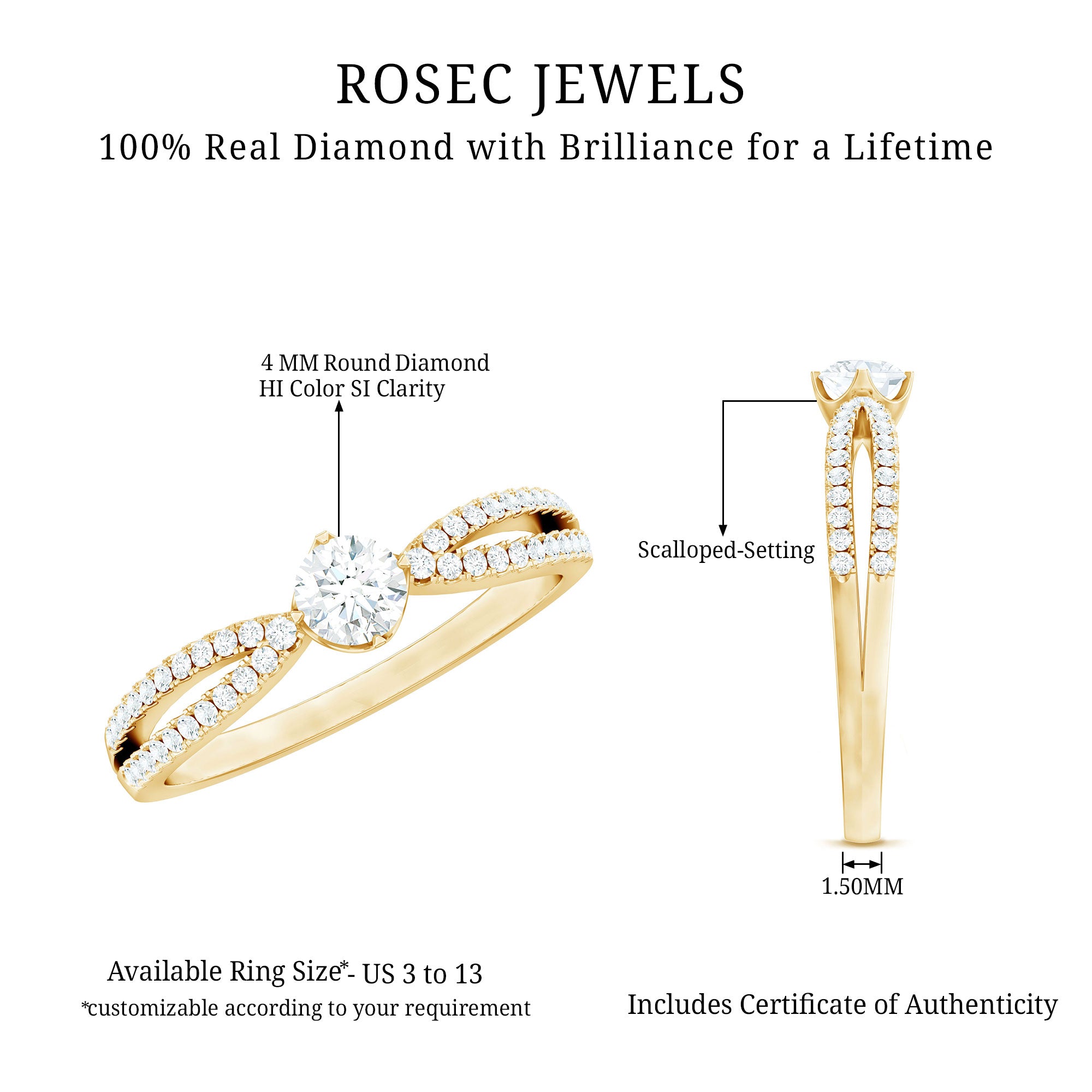 Diamond Solitaire Engagement Ring With Split Shank Natural - ( HI-SI ) - Rosec Jewels