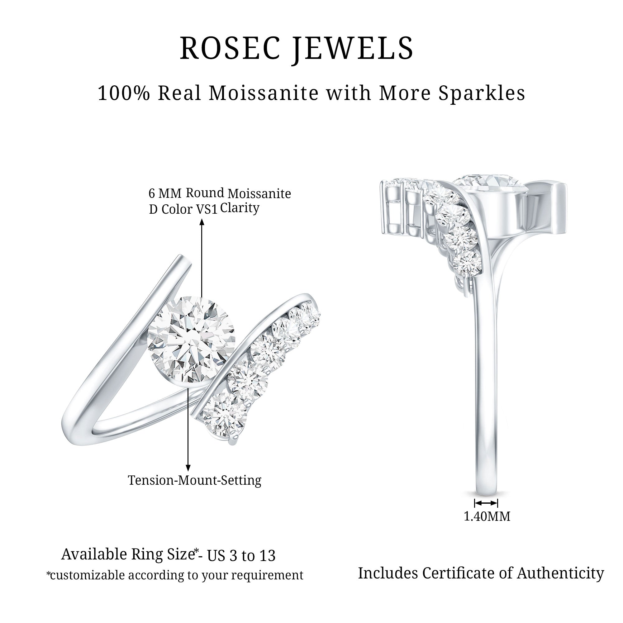 Rosec Jewels-0.9 Carat Certified Round Moissanite Bypass Engagement Ring