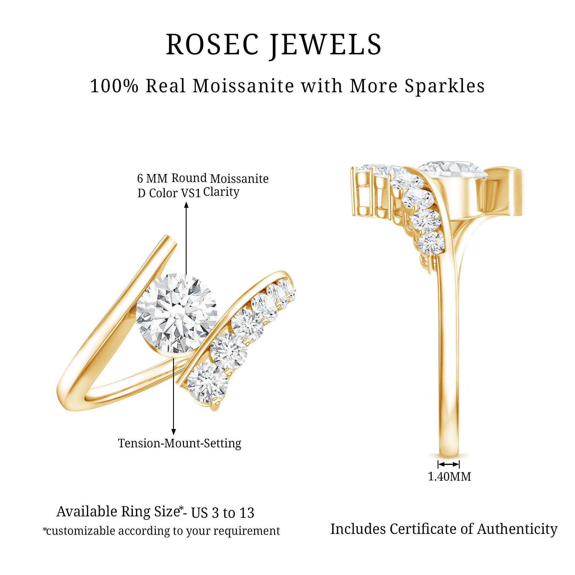 Rosec Jewels-0.9 Carat Certified Round Moissanite Bypass Engagement Ring