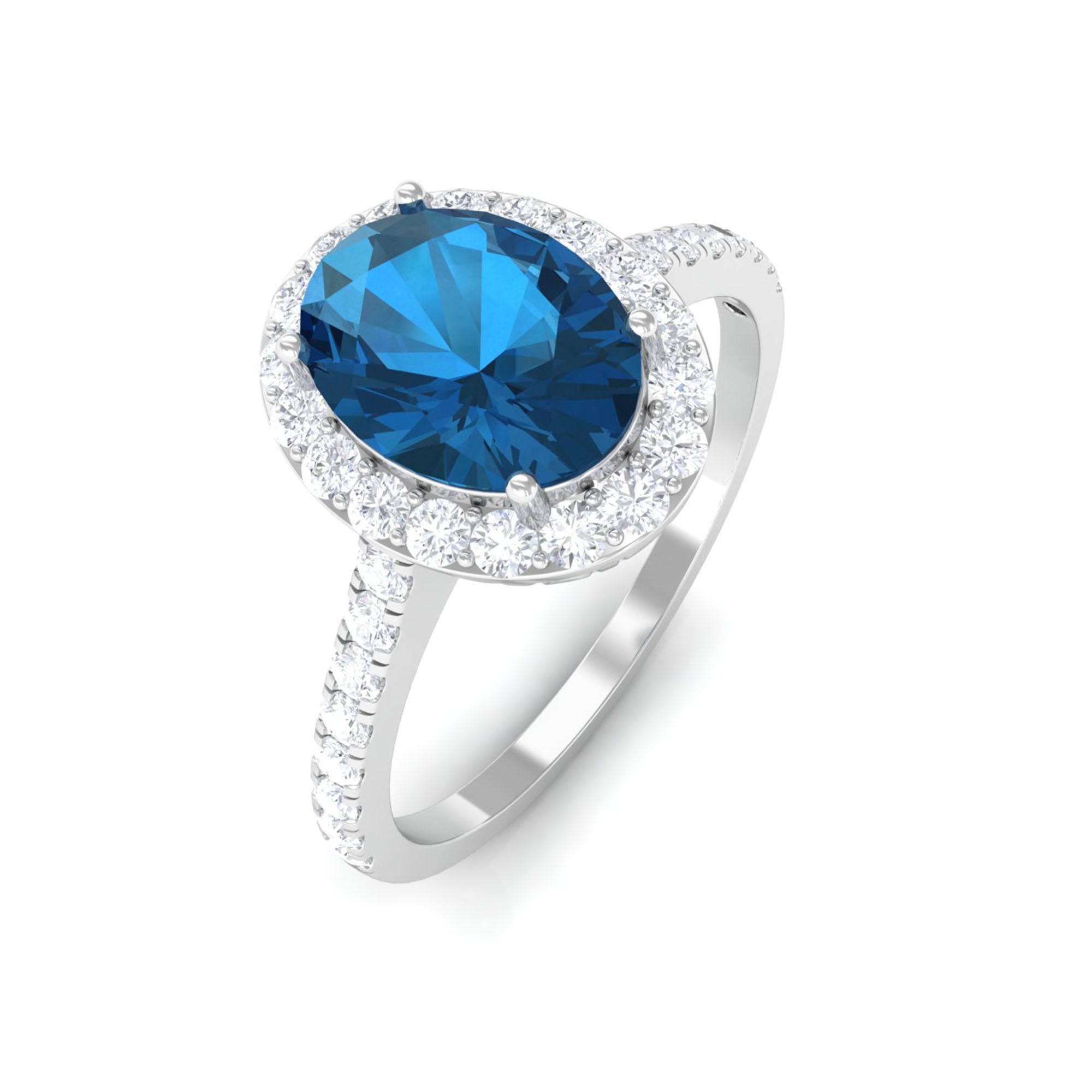 2 CT Oval Cut London Blue Topaz Solitaire Ring with Diamond Halo AAA - Rosec Jewels