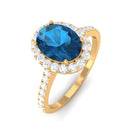 2 CT Oval Cut London Blue Topaz Solitaire Ring with Diamond Halo AAA - Rosec Jewels