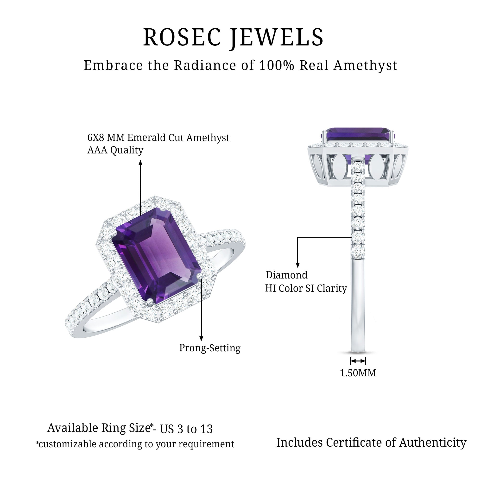 1.4 Carat Amethyst Emerald Cut Engagement Ring with Diamond Halo AAA - Rosec Jewels