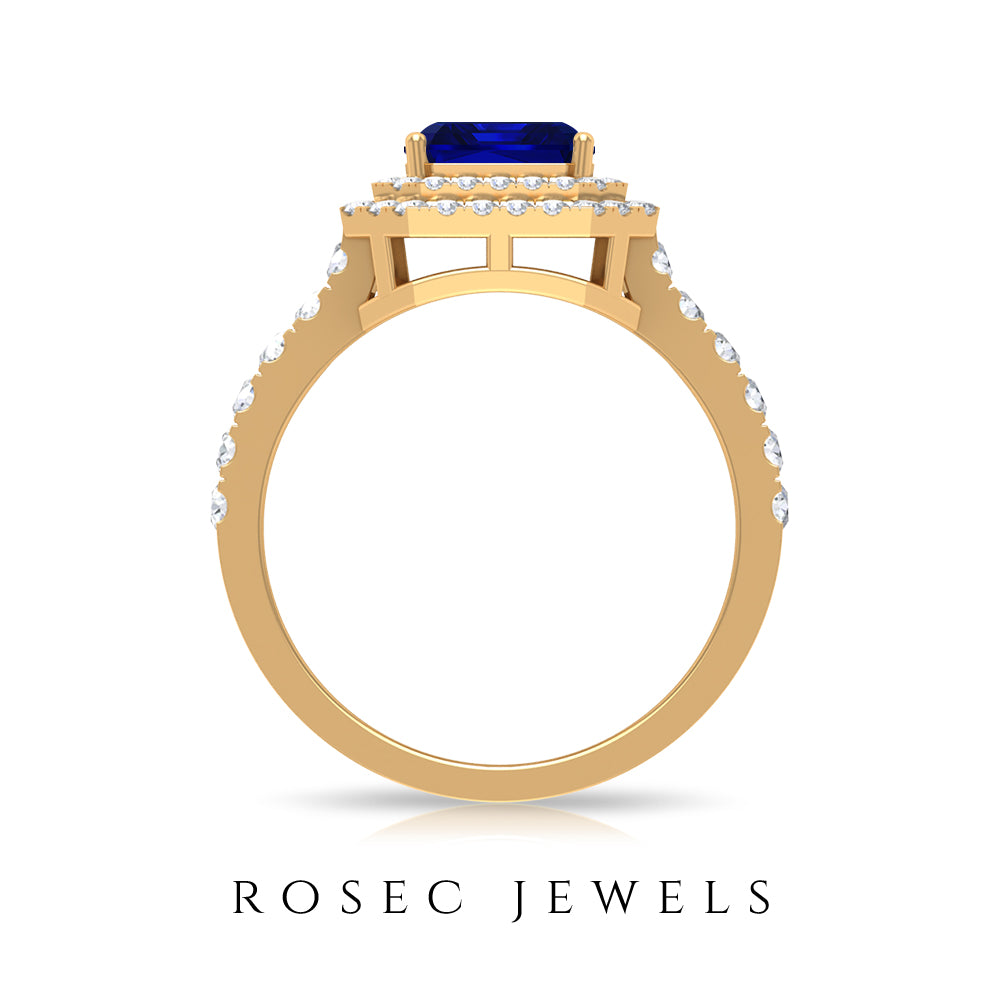 Vintage Looking Lab Created Blue Sapphire and Diamond Engagement Ring AAAA - Rosec Jewels