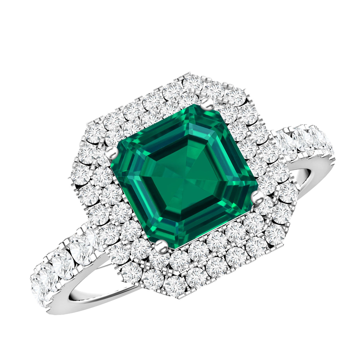 Asscher Cut 6 Carat Lab Created Emerald Engagement Ring with Diamond Double Halo AAAA - Rosec Jewels
