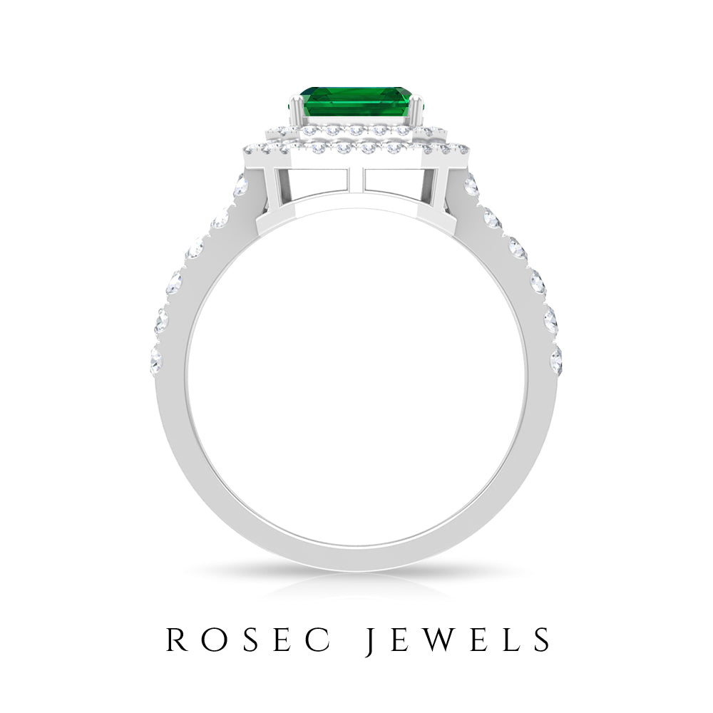 Asscher Cut 6 Carat Lab Created Emerald Engagement Ring with Diamond Double Halo AAAA - Rosec Jewels