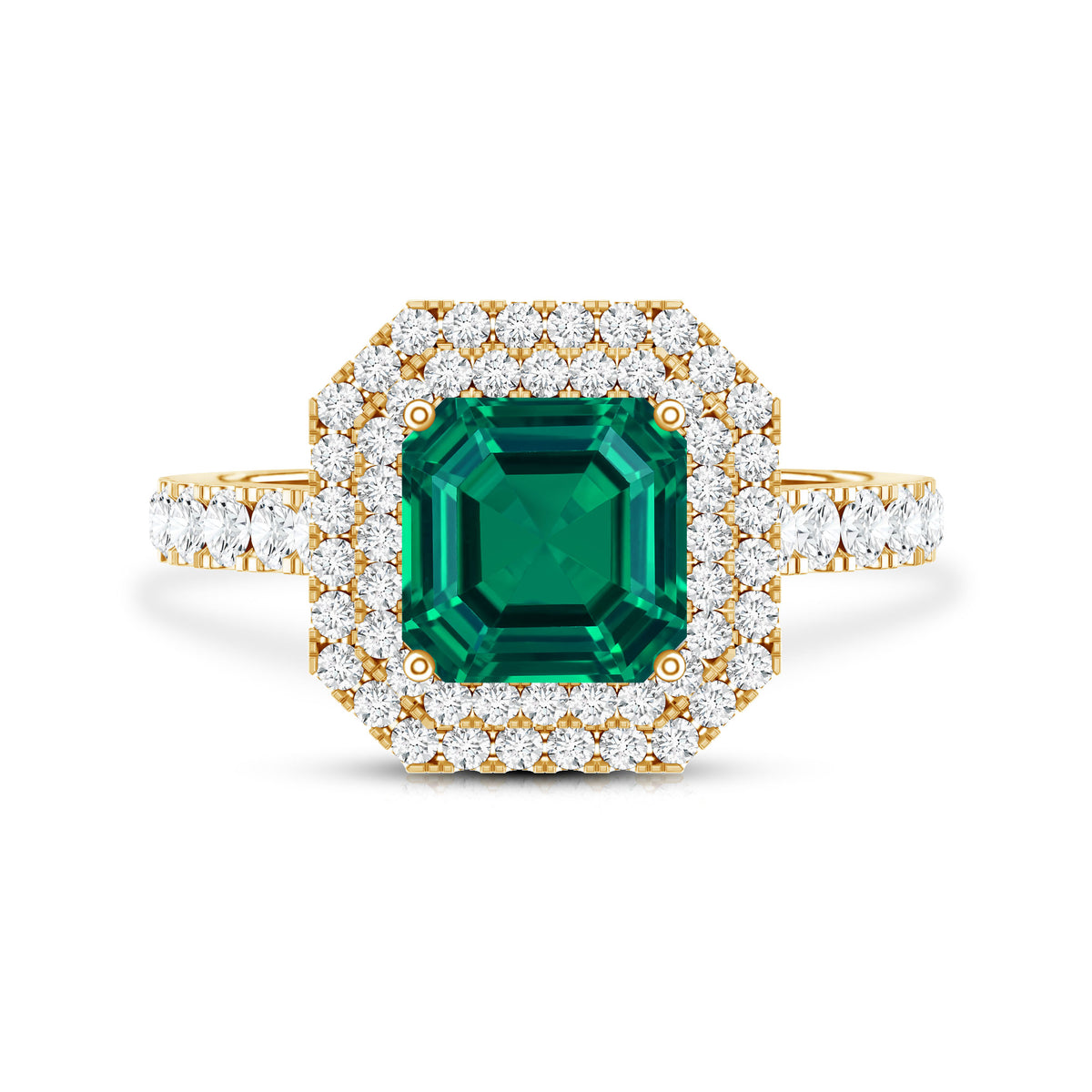 Asscher Cut 6 Carat Lab Created Emerald Engagement Ring with Diamond Double Halo AAAA - Rosec Jewels