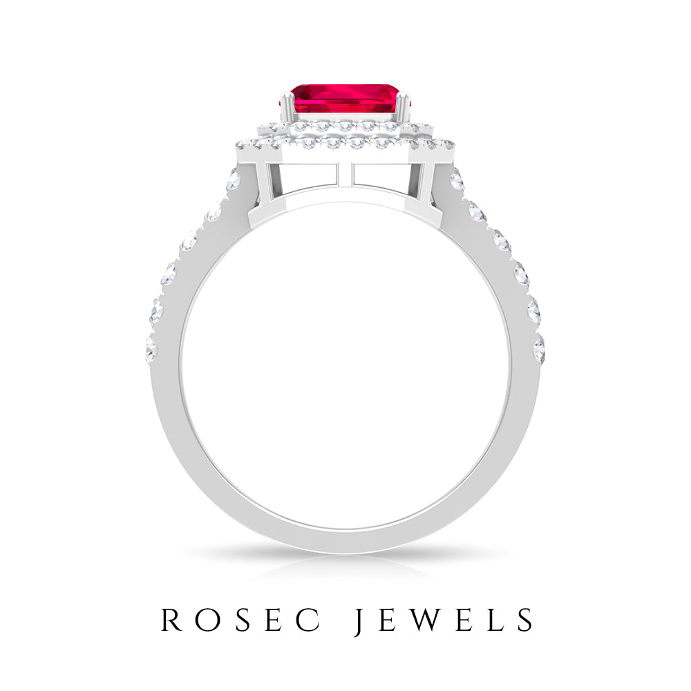 4.8 Carat Asscher Cut Lab Ruby Double Halo Engagement Ring with Diamond AAAA - Rosec Jewels