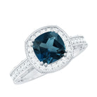 8mm Cushion Cut London Blue Topaz Vintage Inspired Ring with Diamond Halo AAA - Rosec Jewels