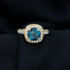8mm Cushion Cut London Blue Topaz Vintage Inspired Ring with Diamond Halo AAA - Rosec Jewels