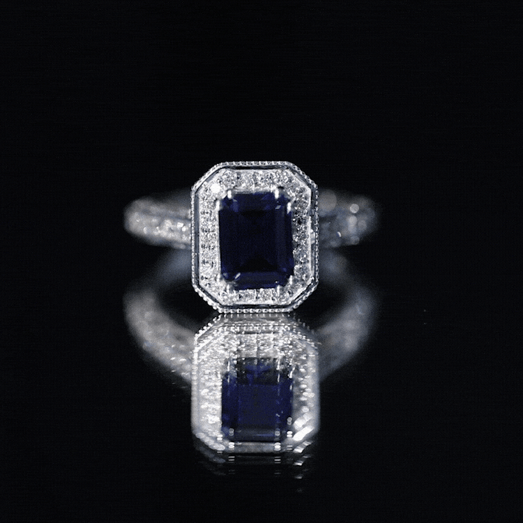 Certified 1.7 Carat Lab Grown Blue Sapphire Emerald Cut Engagement Ring with Diamond Halo AAAA - Rosec Jewels