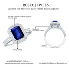 Certified 1.7 Carat Lab Grown Blue Sapphire Emerald Cut Engagement Ring with Diamond Halo AAAA - Rosec Jewels