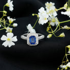 Certified 1.7 Carat Lab Grown Blue Sapphire Emerald Cut Engagement Ring with Diamond Halo AAAA - Rosec Jewels