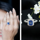 Certified 1.7 Carat Lab Grown Blue Sapphire Emerald Cut Engagement Ring with Diamond Halo AAAA - Rosec Jewels
