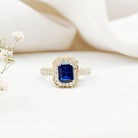 Certified 1.7 Carat Lab Grown Blue Sapphire Emerald Cut Engagement Ring with Diamond Halo AAAA - Rosec Jewels